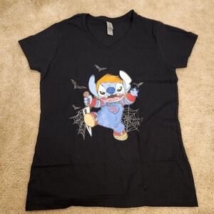 Womens Size M Stitch Horror Chucky Halloween Short Sleeve Shirt Black #E148